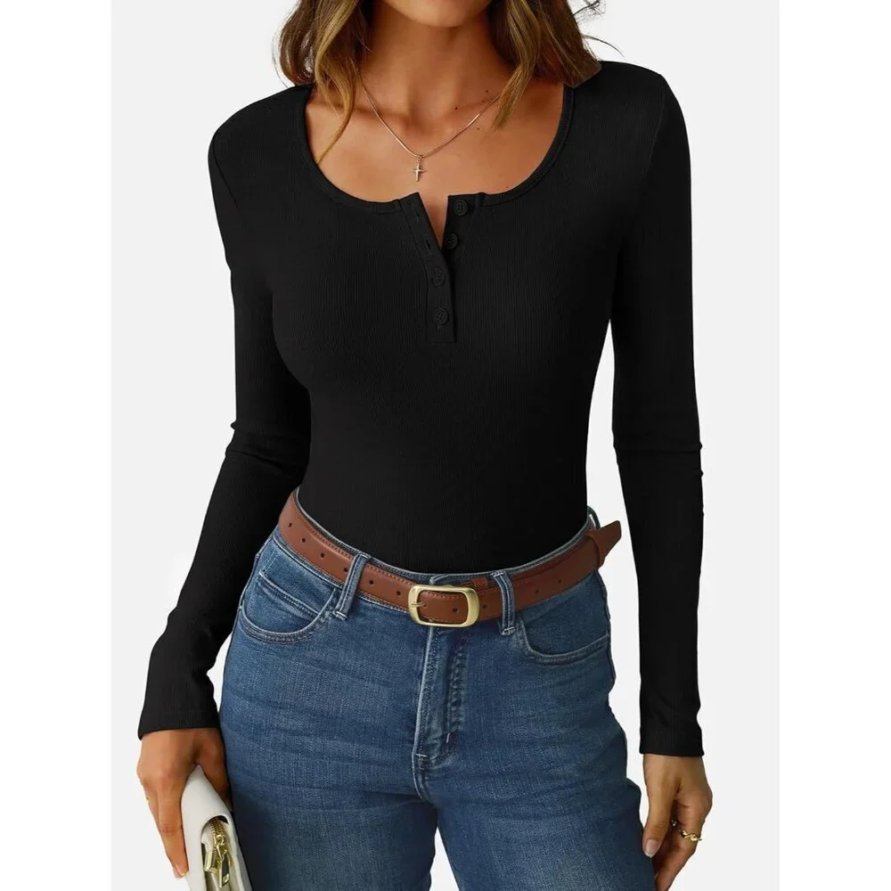 Women's Ribbed Long Sleeve Henley Top Slim Fit Casual Spring Fall Top - Picture 2 of 5